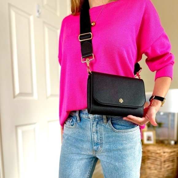 NEW Tory Burch bag crossbody black leather gold-tone hardware 2 straps NWT - Picture 4 of 15